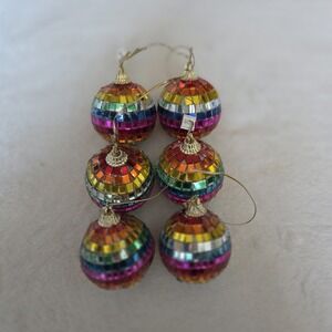 Rainbow Mosaic Cut Glass Disco Double String Christmas Ornaments Set Of 3